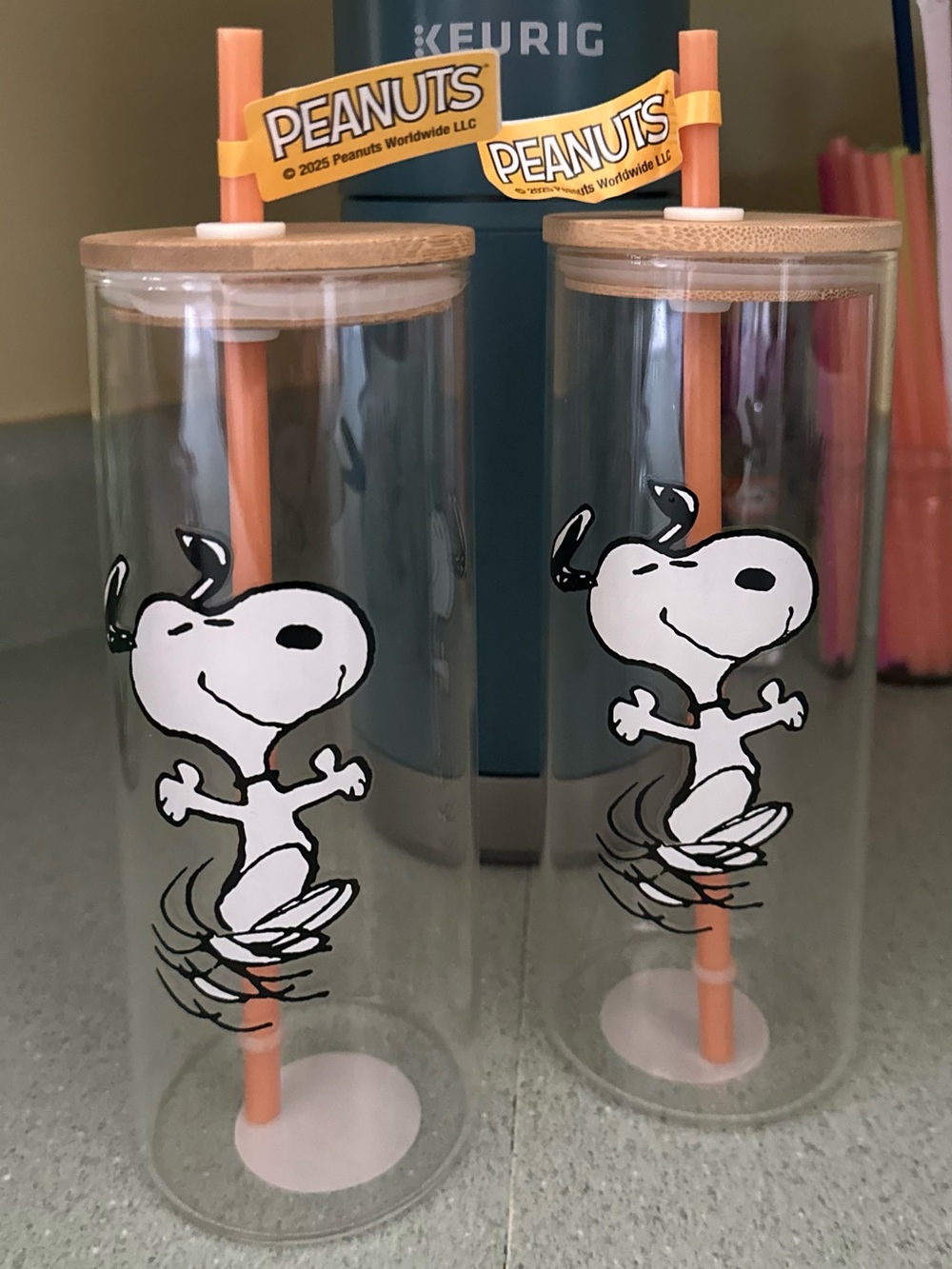 2~Peanuts Snoopy Clear Double-Walled Tumbler with Peach Straw